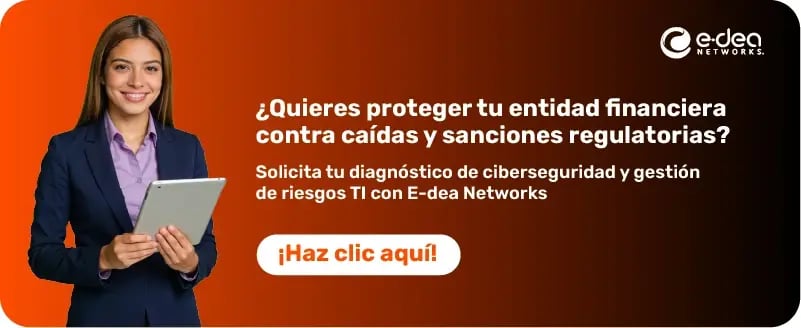 Asesora financiera invitando a solicitar un diagnóstico de ciberseguridad y gestión de riesgos TI con E-dea Networks.