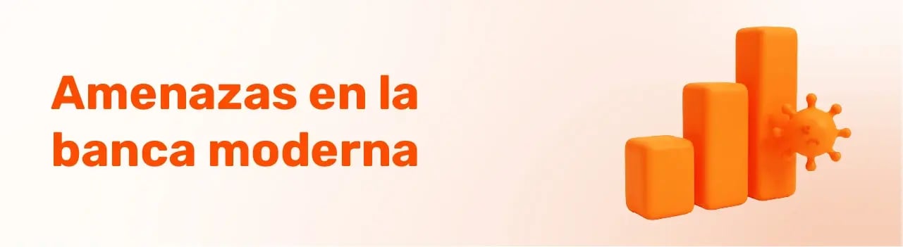 Gráfico de barras ascendente con un virus, ilustrando el crecimiento de amenazas cibernéticas en la banca moderna.