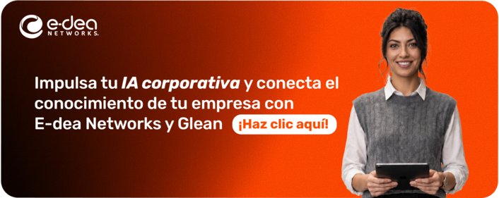 Banner promocional de E-dea Networks y Glean para impulsar IA corporativa, con mujer con tableta y botón de acción.