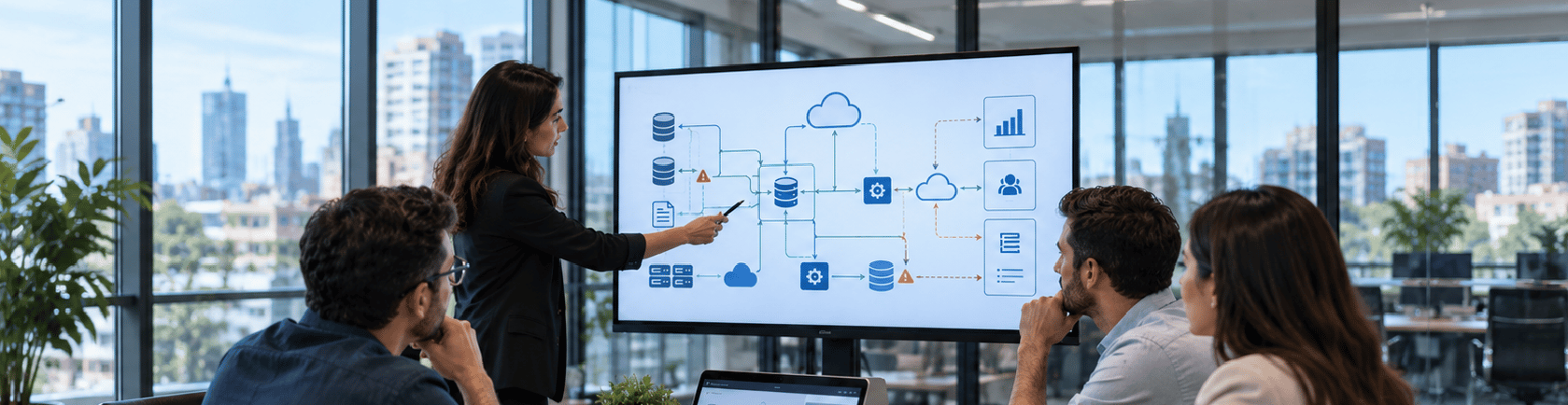 Ejecutiva presentando un diagrama de arquitectura de datos y nube ante un equipo en sala de juntas.