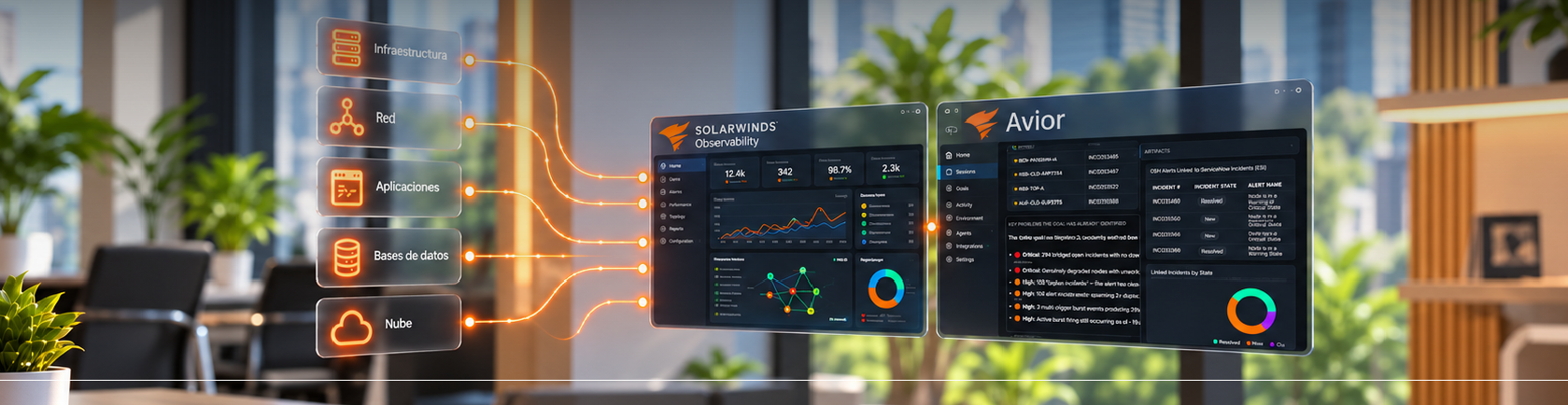 Oficina con paneles flotantes de SolarWinds Observability y Avior conectados a infraestructura, red y nube.