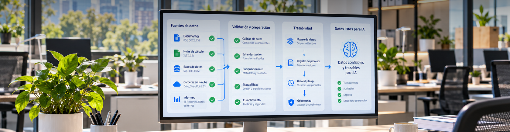 Monitor en oficina mostrando el flujo de datos: preparación, trazabilidad y datos confiables para IA.
