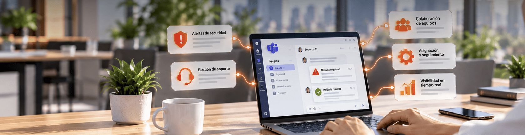 Usuario operando Teams para gestión de soporte, asignación de tareas y seguimiento de incidentes de TI.