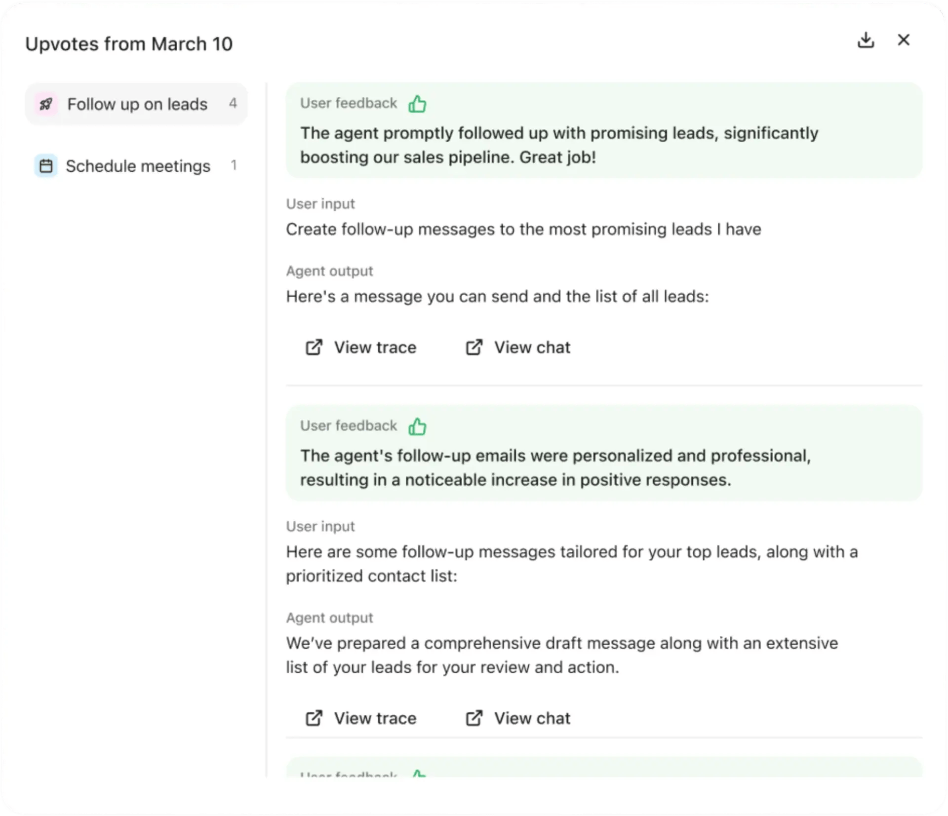 Panel de valoraciones de agentes de Glean con comentarios sobre seguimiento de prospectos y reuniones.