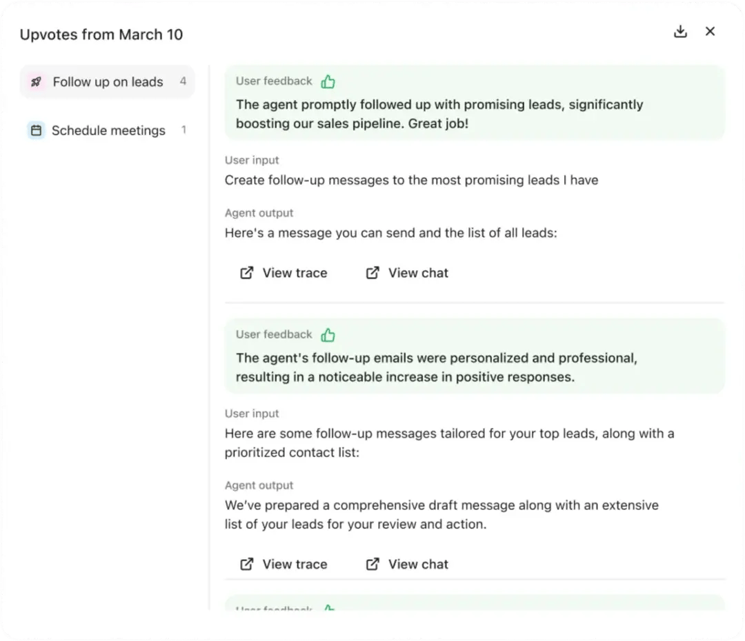 Panel de valoraciones de agentes de Glean con comentarios sobre seguimiento de prospectos y reuniones.