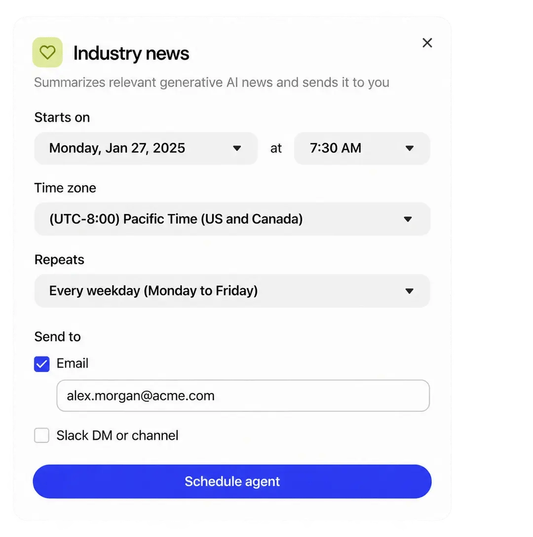 Programación de un agente de Glean para resumir noticias de IA y enviarlas por correo o Slack.