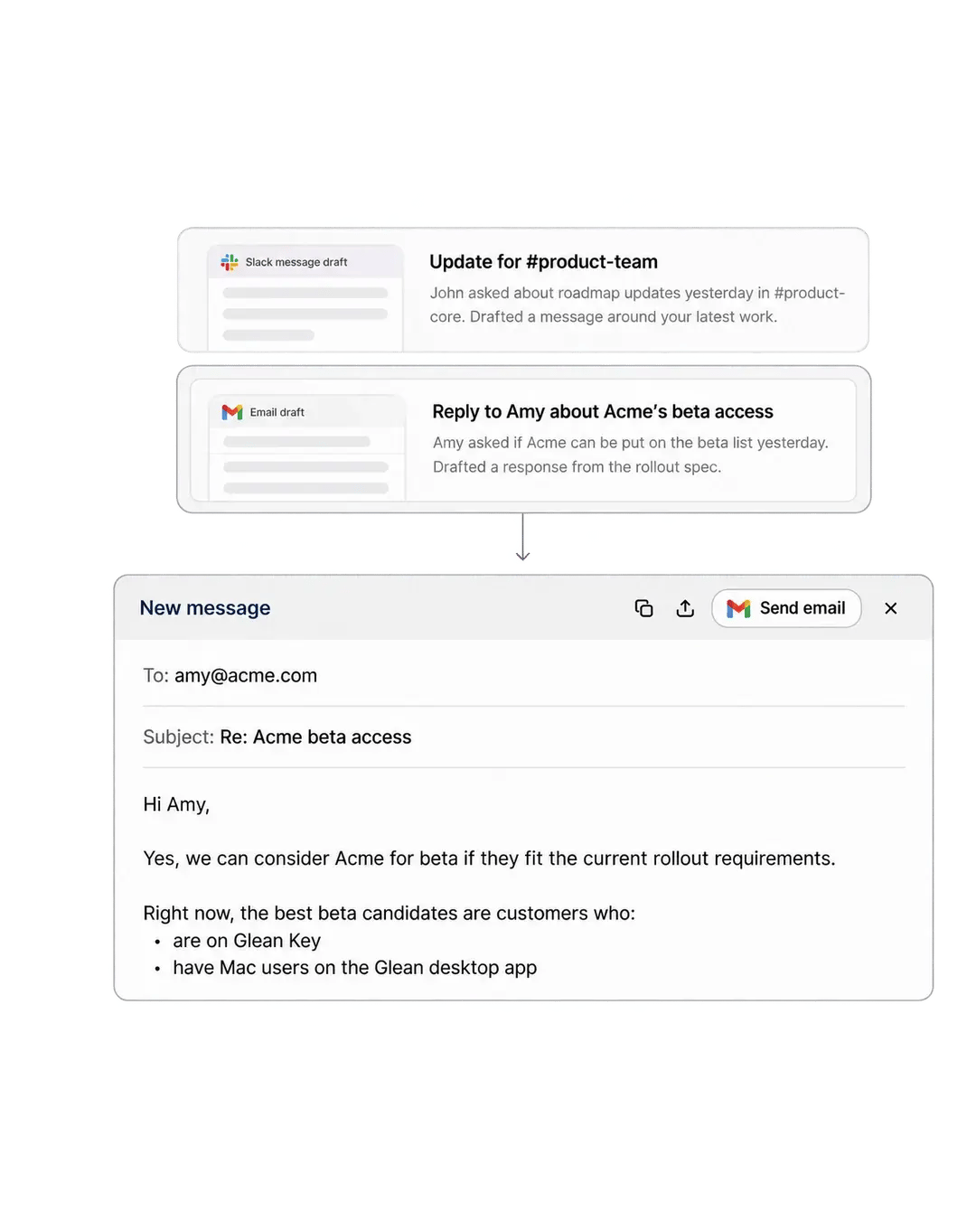 Sugerencias de borradores para Slack y Gmail con Glean y una respuesta sobre acceso a una versión beta.