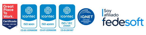 Certificaciones E-dea: Great Place to Work, ICONTEC ISO 9001, ISO 45001, ISO/IEC 27001, IQNET, Fedesoft