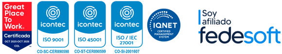 Certificaciones E-dea: Great Place to Work, ICONTEC ISO 9001, ISO 45001, ISO/IEC 27001, IQNET, Fedesoft