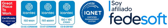 Certificaciones E-dea: Great Place to Work, ICONTEC ISO 9001, ISO 45001, ISO/IEC 27001, IQNET, Fedesoft