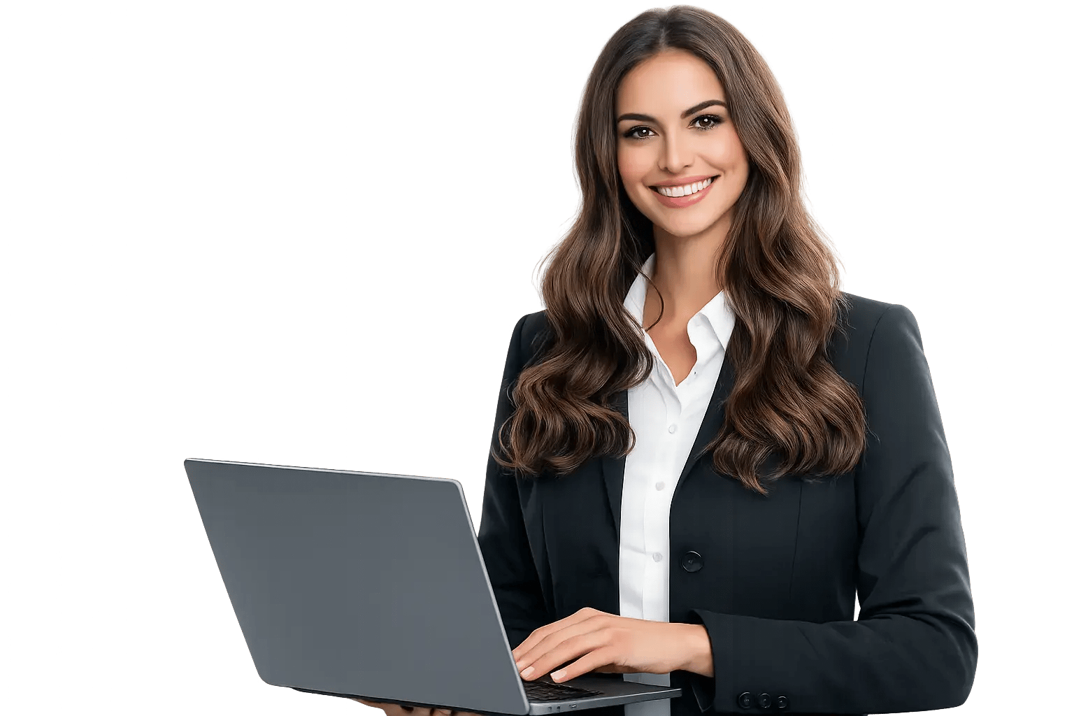 Mujer ejecutiva sonriendo con blazer negro y camisa blanca, usando portátil, retrato hiperrealista para contenido corporativo.