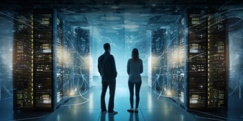 Dos personas observan un centro de datos con racks de servidores iluminados, representando tecnología avanzada y observabilidad en infraestructura TI.