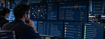 Analista observando múltiples pantallas con gráficos de eventos de red y seguridad TI