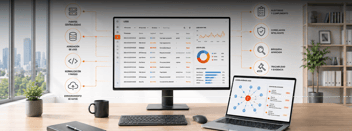 Diagrama de centralización de logs y cumplimiento en pantalla de monitor y laptop