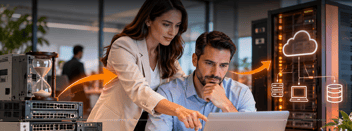 Profesionales optimizando infraestructura TI local y migración a servidores en la nube.