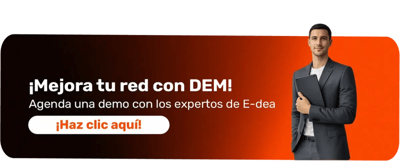 Banner promocional de E-dea con fondo degradado de negro a naranja. A la derecha, un hombre de negocios en traje gris sostiene una tablet y sonríe.