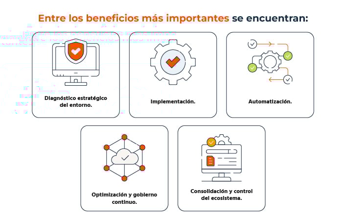 Entre los beneficios más importantes se encuentran: Diagnóstico estratégico del entorno. Implementación. Automatización. Optimización y gobierno continuo. Consolidación y control del ecosistema.