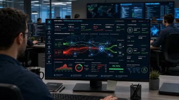 Dashboard ejecutivo de protección DDoS en tiempo real mostrado en un computador dentro de una oficina de ingeniería de sistemas, con tráfico legítimo y malicioso, red global de mitigación, plataforma fintech y e-commerce operando sin interrupciones.