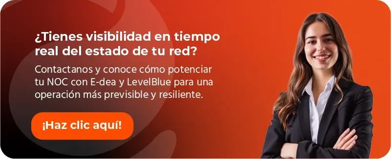 Banner promocional de ciberseguridad con fondo naranja y una profesional sonriendo. Incluye el texto '¿Sabés cuánto tiempo tardarías en detectar un ataque hoy?' y una invitación a conocer cómo un SOC junto a E-dea y LevelBlue fortalece la estrategia de seguridad