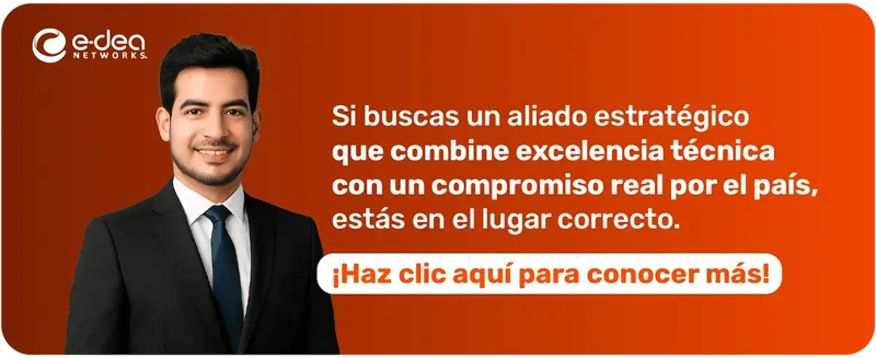 Ejecutivo de E-dea Networks destacando a la empresa como aliado estratégico en soluciones TI, con excelencia técnica y compromiso social en Colombia