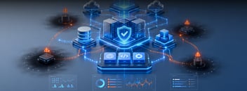 Diagrama de infraestructura de nube híbrida con alertas de fallas y blindaje de red