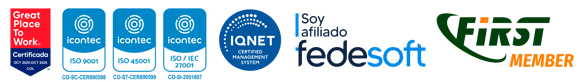 Certificaciones E-dea: Great Place to Work, ICONTEC ISO 9001, ISO 45001, ISO/IEC 27001, IQNET, Fedesoft