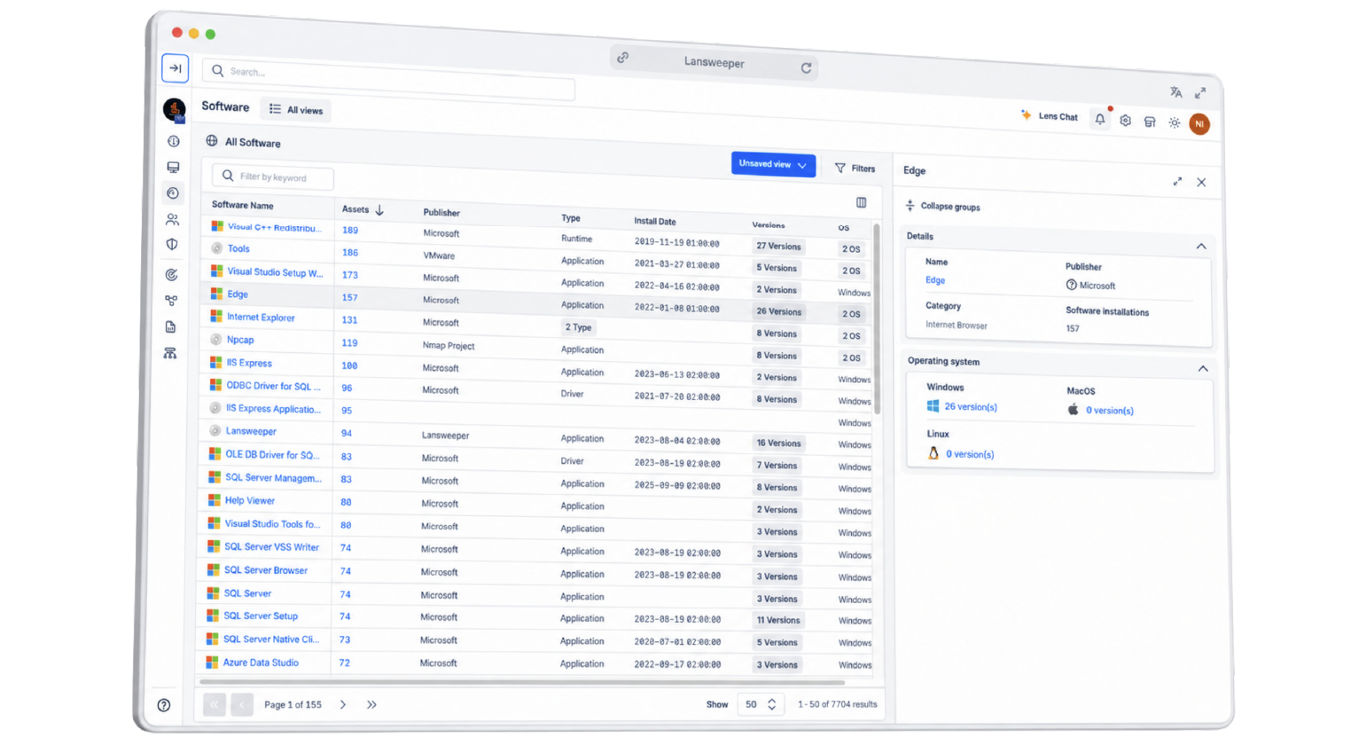 Tabla de inventario de software en Lansweeper con detalles de aplicaciones, editores, fechas de instalación y versiones