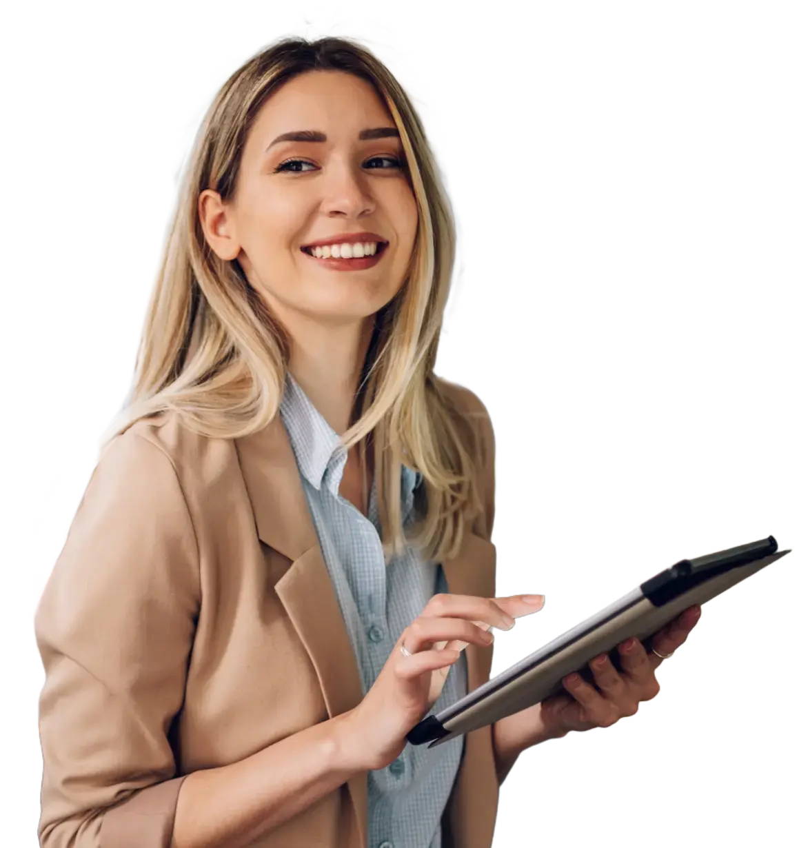 Mujer de negocios en la sección de solicitud de asesoría de la página web de E-dea, reflejando confianza y experiencia profesional.